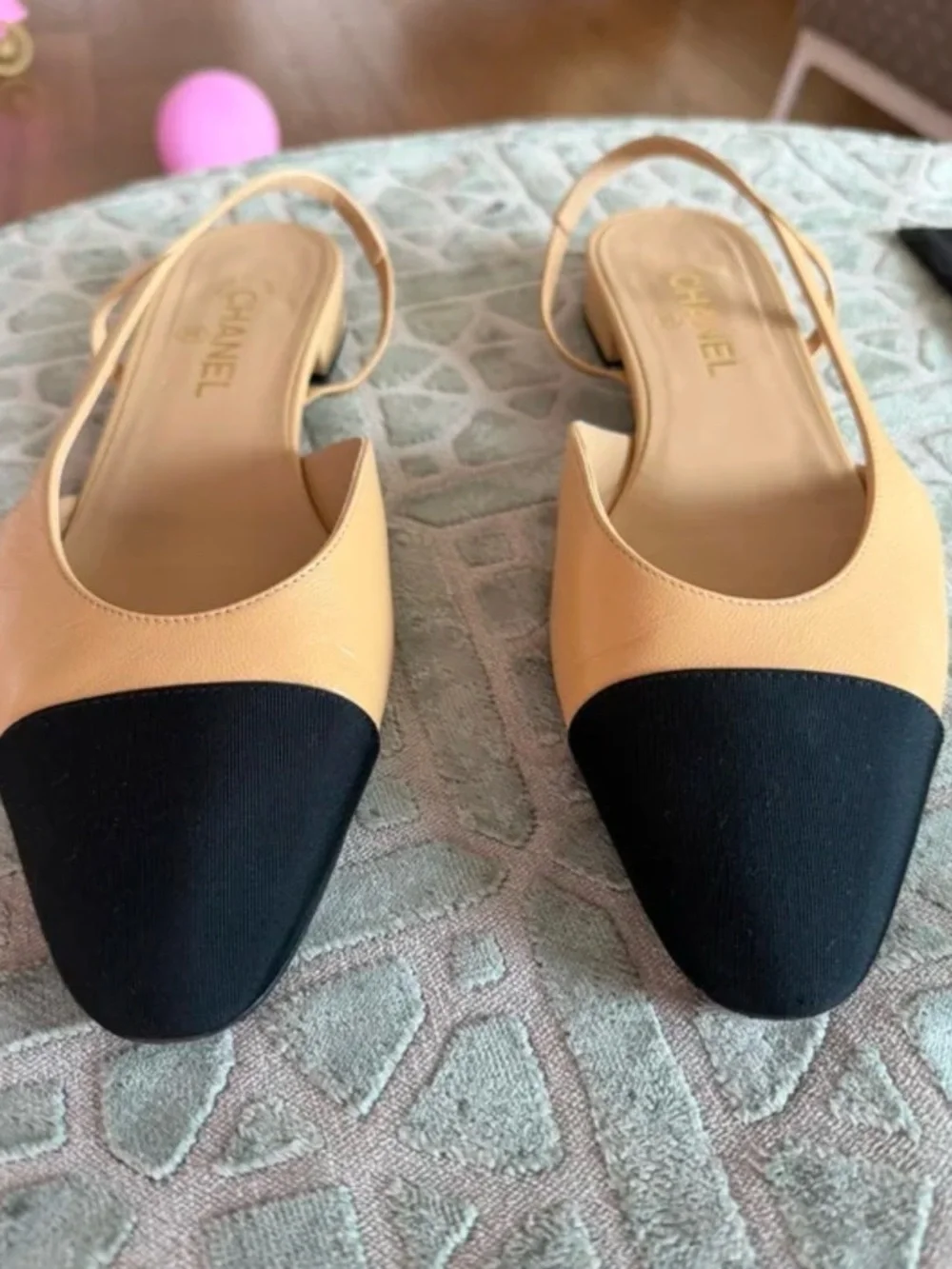 CHANEL Beige Leather Slingback Flats with Black Cap Toe